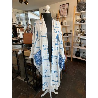 Sommerlicher Kimono - Mit Aufdruck aus Leinen - BLAU - ( A bis A 110 cm ) Passt bis Grösse 60/62